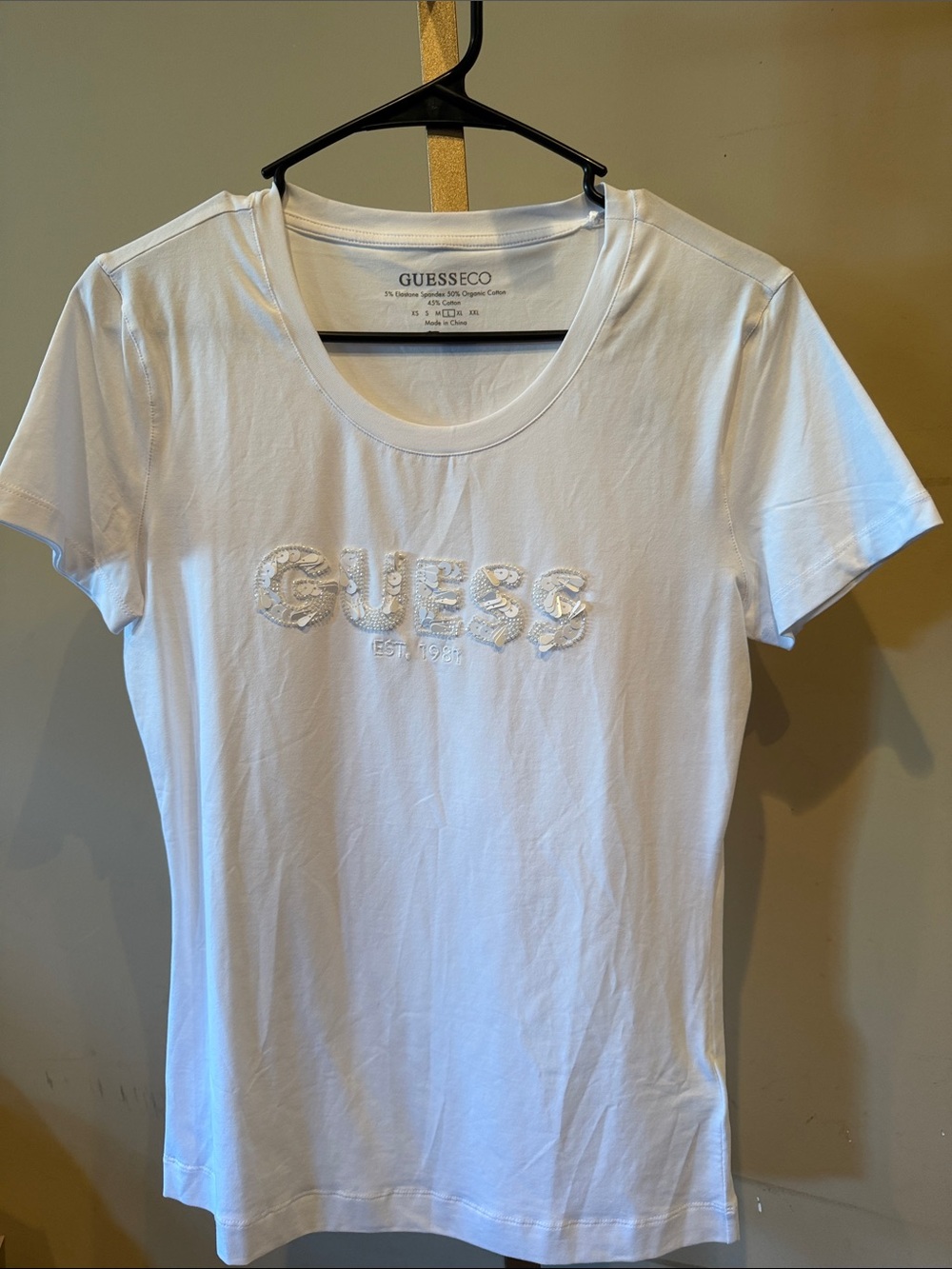 GUESS White Embroidered Logo Short Sleeve Tee with Subtle Bead Detail